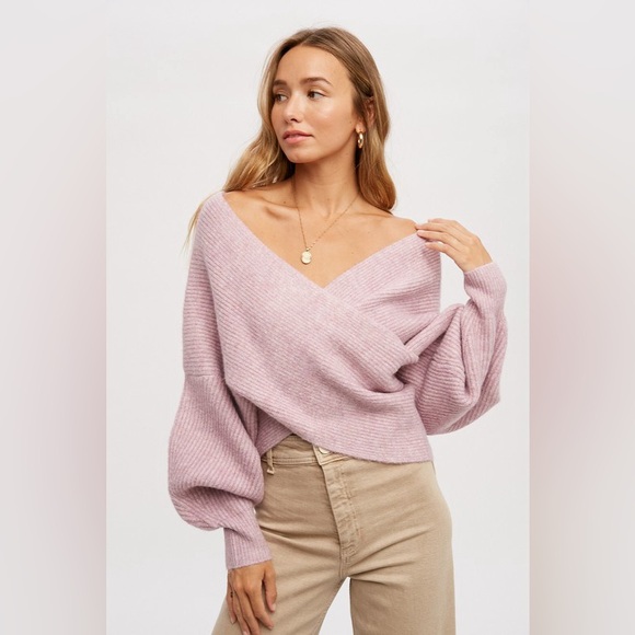 Sweaters - 784. Crossover Ribbed Sweater in Lavender